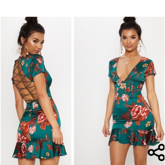 Emerald Green Criss Cross Back Frill Hem Bodycon Dress Shop Emerald Green  Criss Cross Back Frill